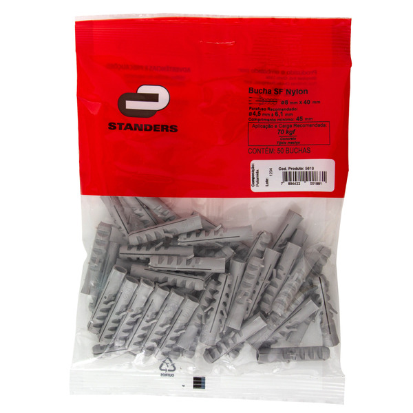 Bucha Nylon para Bases Maciças 8mm com 50 unidades Standers