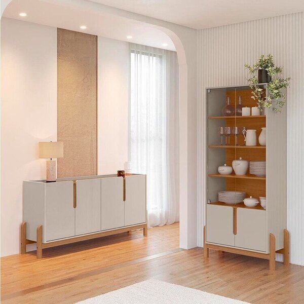 Buffet 170cm E Cristaleira Com Pés De Madeira Maciça Lizz Off