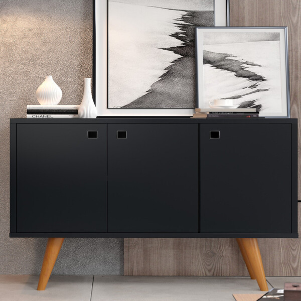 Buffet 3 Portas Balcão Retrô Preto P/ Todos Ambientes Multiuso