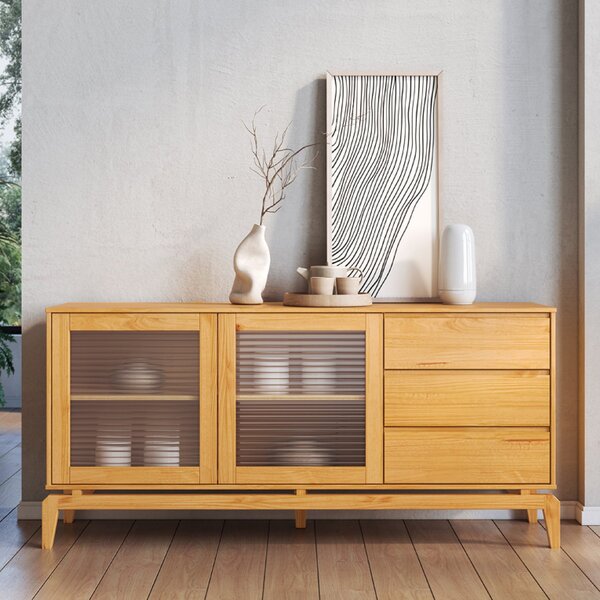 Buffet Aparador 2 Portas Vidro Canelado 3 Gavetas Madeira Mac