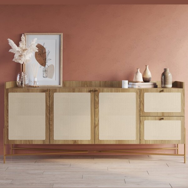 Buffet Aparador 3 Portas 2 Gavetas Palhinha Pé Metal Dourado