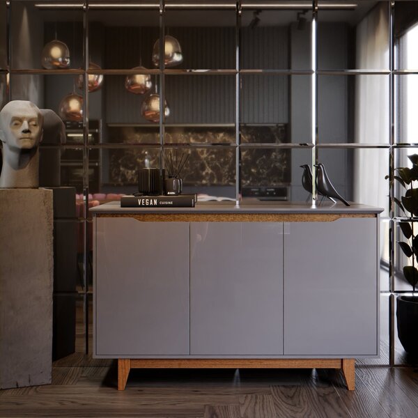 Buffet Aparador 3 Portas Retrô Pés Em Madeira Flow Cinza