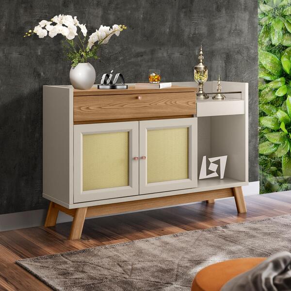 Buffet Aparador Com Espelho 2 Portas Amêndoa Off White Pilare