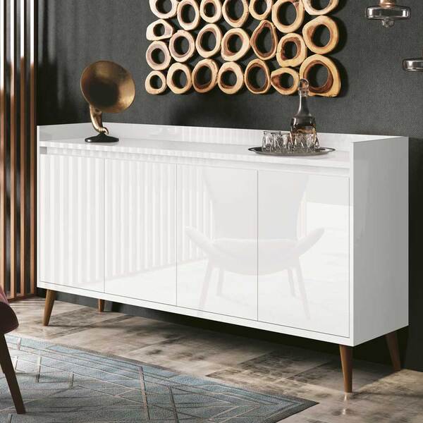 Buffet Aparador Retrô Clássico 4 Portas Branco Gloss - Moveis