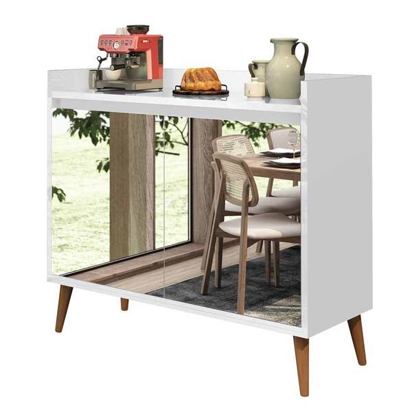 Buffet Aparador Retrô Com Espelho Delux 2 Portas Branco Gloss