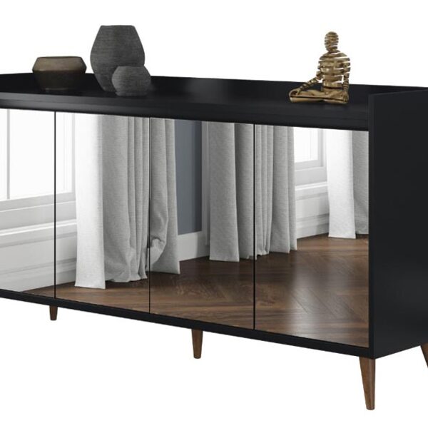 Buffet Aparador Retrô Com Espelho Delux 4 Portas Preto - Move
