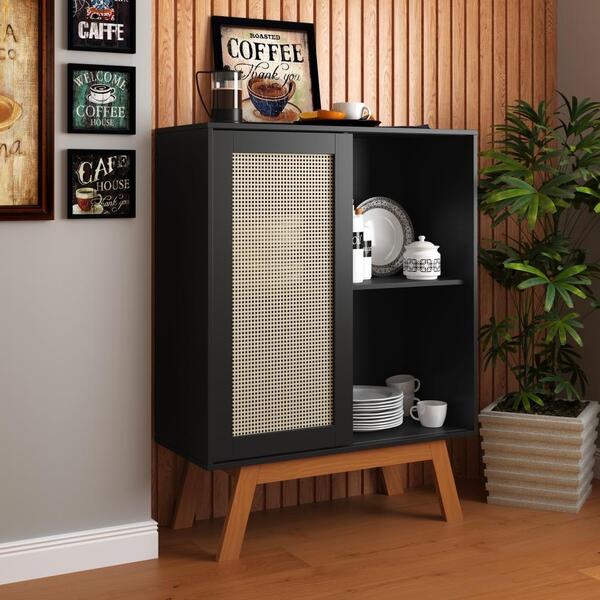 Buffet Barcelona Com Porta Em Rattan Sintético Preto