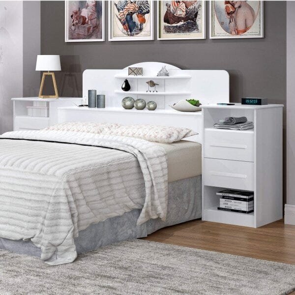 Cabeceira Box Casal Com Mesa Lateral Imperial  Branco