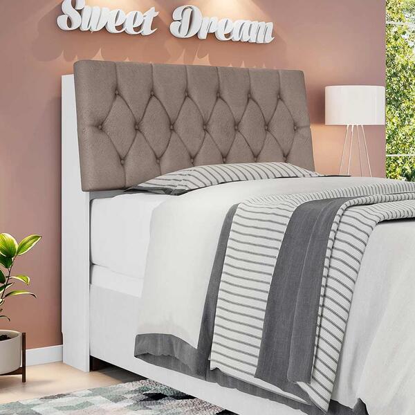 Cabeceira Cama Solteiro Branco Com Capitonê Suede Bege E Prat
