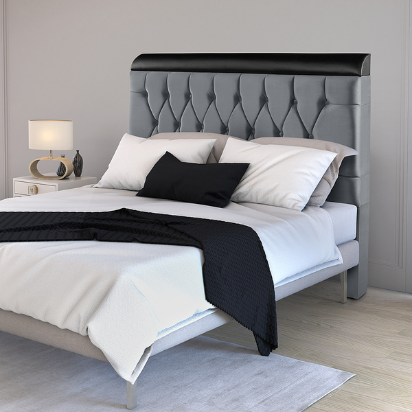 Cabeceira Casal Capitonê Veludo Cinza Detalhe Em Corino Preto