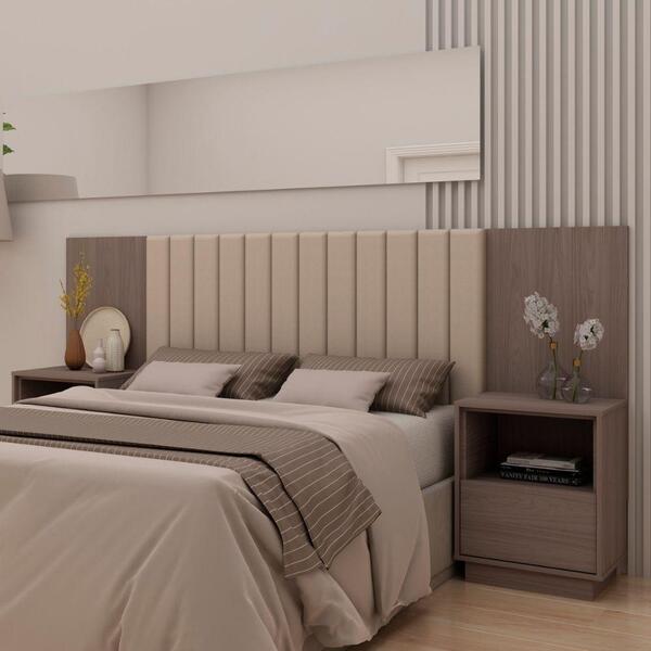 Cabeceira Casal Extensivel Estofada 2 Mesas Com Gaveta Liz Sh