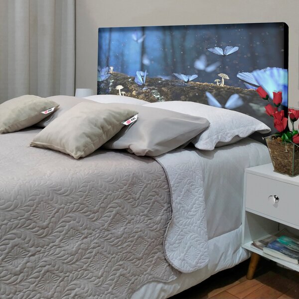 Cabeceira Casal Suede Estampado Borboleta Azul Painel Cama Bo