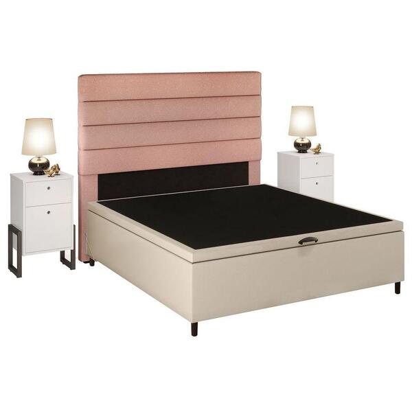 Cabeceira Com Base Box Baú Casal 138cm E 2 Mesas De Apoio Lin
