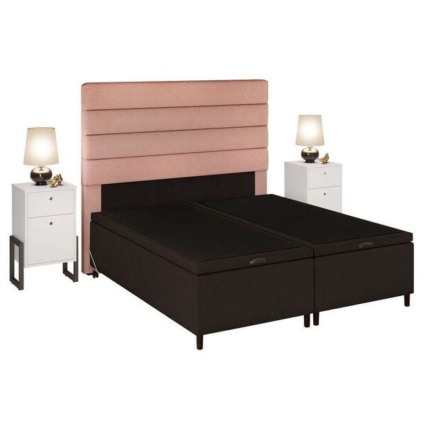 Cabeceira Com Base Box Baú Queen 158cm E 2 Mesas De Apoio Lin