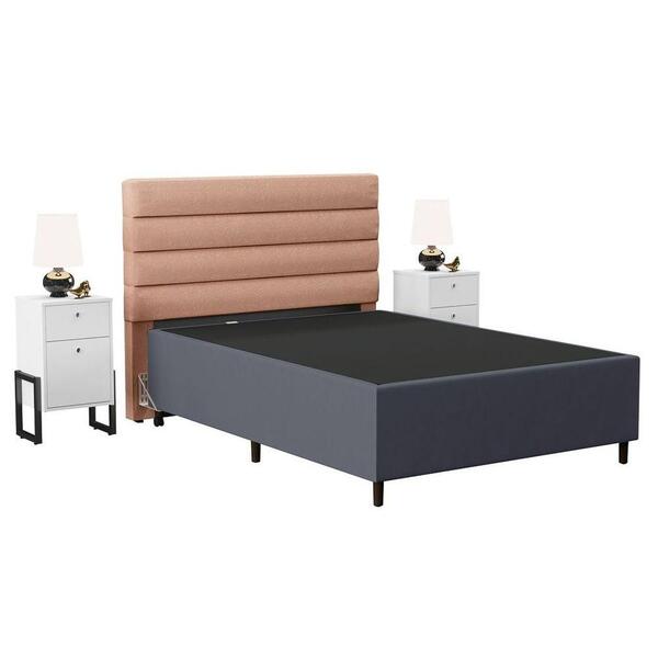 Cabeceira Com Base Box Casal 138cm E 2 Mesas De Apoio Linho R