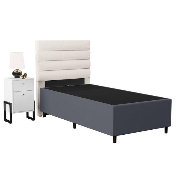 Cabeceira Com Base Box Solteiro 88cm E Mesa De Apoio Linho Cr