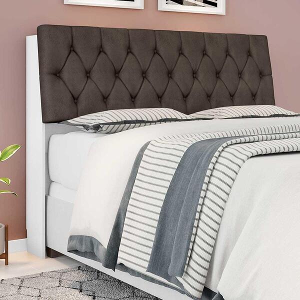 Cabeceira De Casal Branco Com Capitonê Suede Marrom E Pratele