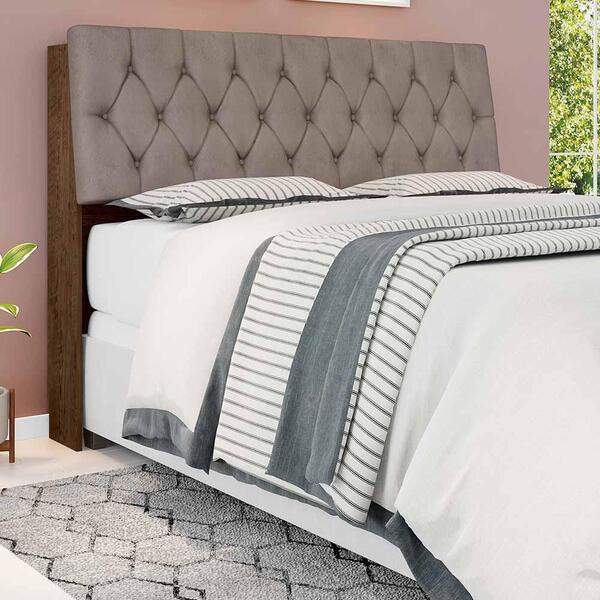 Cabeceira De Casal Malbec Com Capitonê Suede Bege E Prateleir