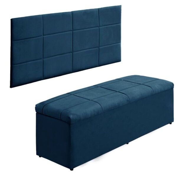 Cabeceira E Calçadeira Baú 100 Cm Raissa Suede Azul Marinho