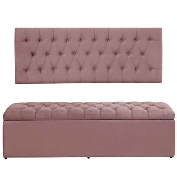 Cabeceira E Calçadeira Baú 120 Cm Imperatriz Veludo Rosê