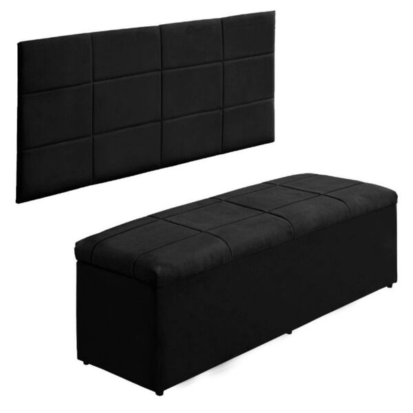 Cabeceira E Calçadeira Baú 120 Cm Raissa Suede Preto