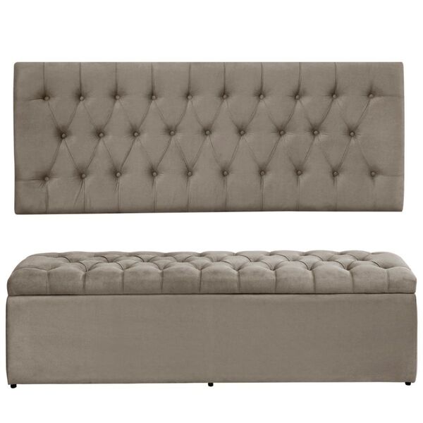 Cabeceira E Calçadeira Baú 138 Cm Imperatriz Suede Bege