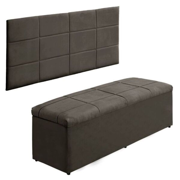 Cabeceira E Calçadeira Baú 138 Cm Raissa Suede Marrom Claro