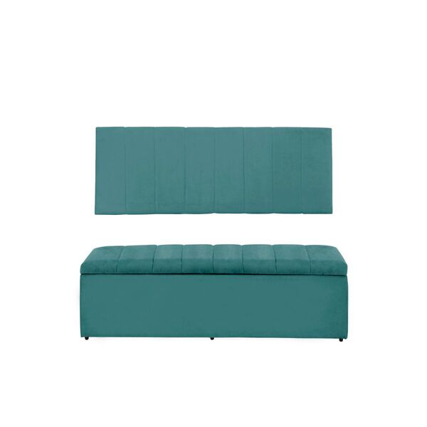 Cabeceira E Calçadeira Baú 138 Cm Vitória Suede Azul Tiffany