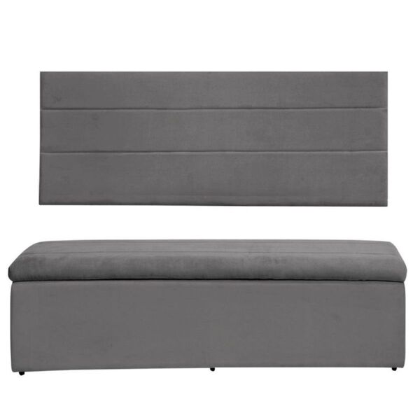 Cabeceira E Calçadeira Baú 193 Cm Helena Suede Cinza