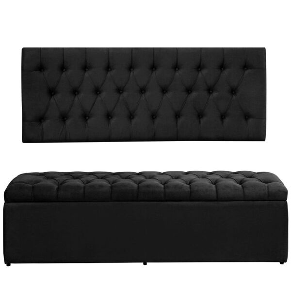 Cabeceira E Calçadeira Baú 193 Cm Imperatriz Suede Preto