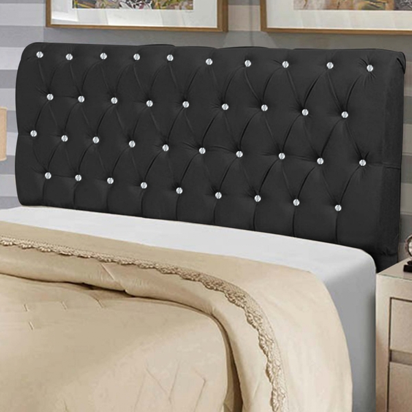 Cabeceira Estofada Alice 90cm Solteiro Strass Courino Preto -