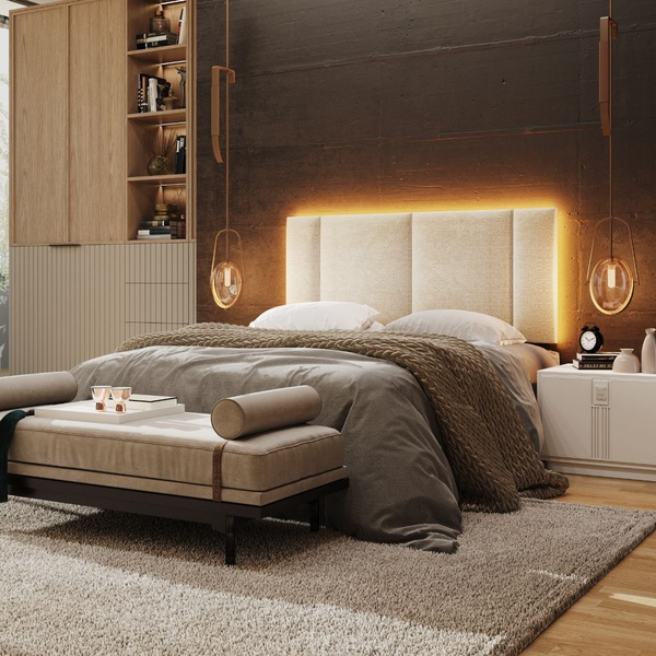 Cabeceira Estofada Cama Box Casal Com Led Splend 140 Cm Linho