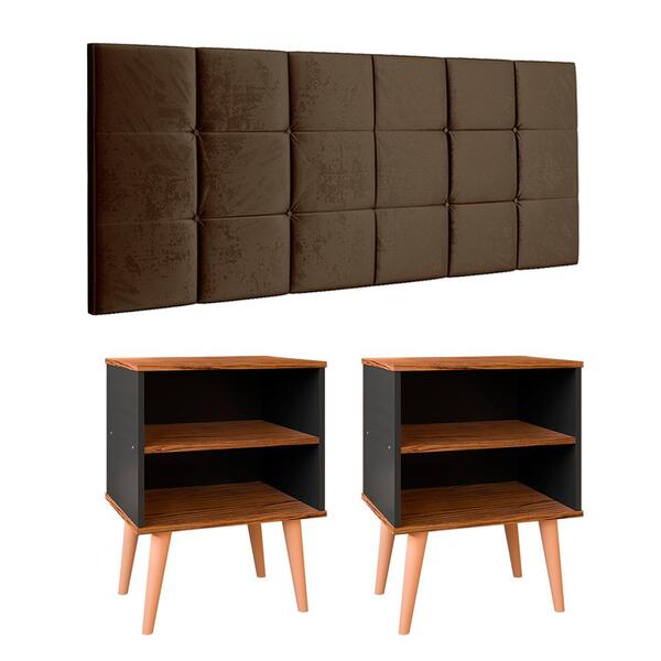 Cabeceira Estofada Cama Box Queen 1,60 Marrom Kit 2 Mesinhas