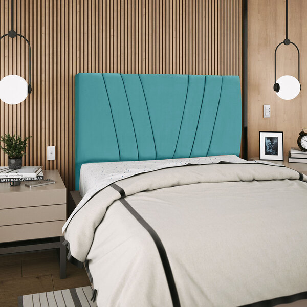 Cabeceira Estofada Casal Carla 140cm suede Com Frames Turquesa