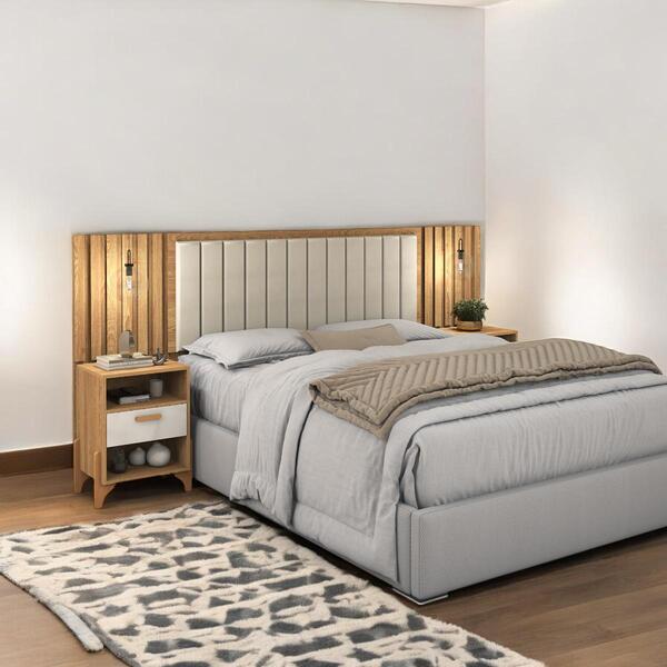 Cabeceira Estofada Casal Vancouver Freijó E Off White Ripado