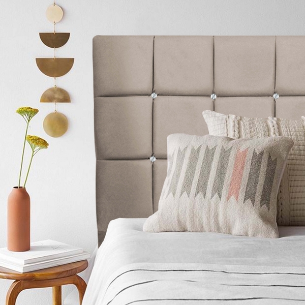 Cabeceira Estofada Espanha 100cm Solteiro Strass Suede Bege -