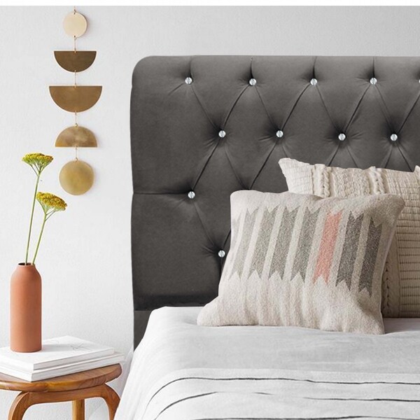 Cabeceira Estofada Paris 100cm Solteiro Strass Suede Cinza -