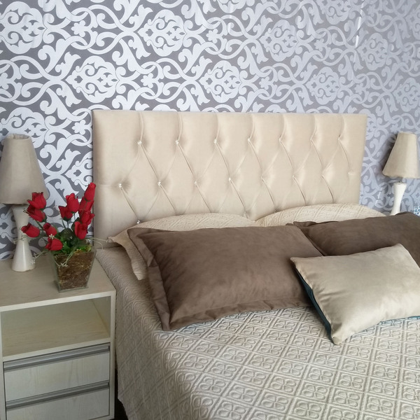 Cabeceira Painel Queen Luna Suede Liso Bege Strass 160 X 60 R