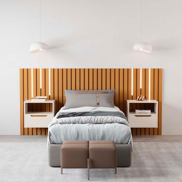 Cabeceira Solteiro Ripada Com Mesas De Cabeceira Suspensas E