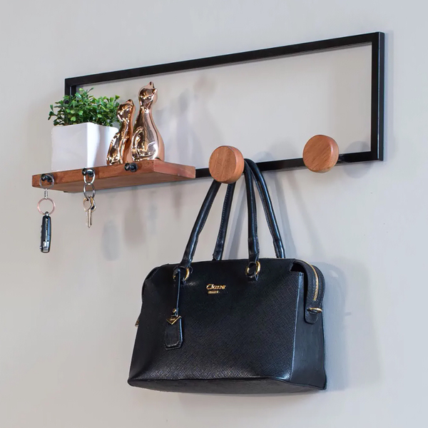 Cabideiro Industrial Dual Com Prateleira Em Aço Preto E Madei