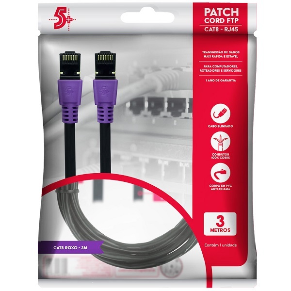 Cabo De Rede Cat8 Patch Cord Ftp 2000 Mhz / 40 Gbps 3m Roxo