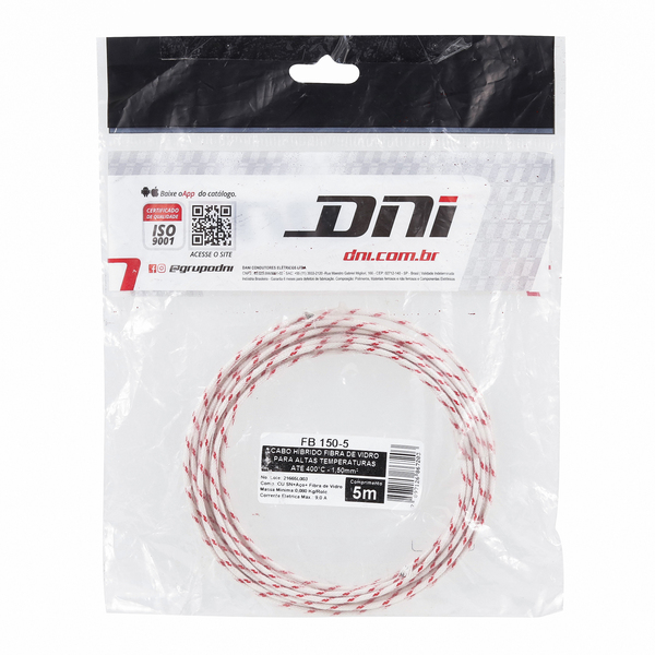 Cabo Híbrido Fibra de Vidro 1,5mm² para altas temperaturas até 400º C FB 100-5 kit com 5 Metros DNI
