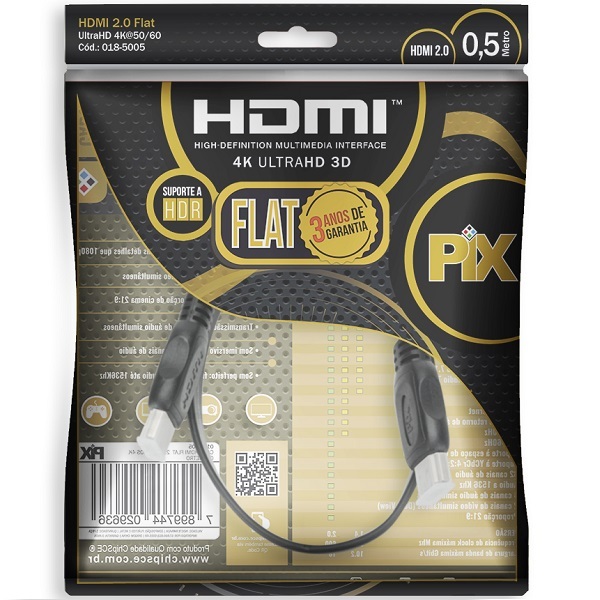 Cabo Hdmi 0.5mt Flat 2.0 Gold4k Ultrahd 19p Polybag 018-5005