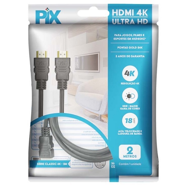 Cabo Hdmi 2 Metros 2.0 4k Ultra Hd 3d 19 Pinos 018-2222 Pix