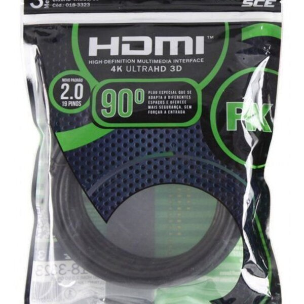 Cabo HDMI 3 metros 90 graus 2.0 polybag 018-3323