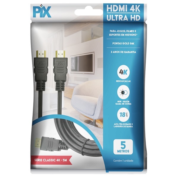 Cabo Hdmi 5 Metros 2.0 4k Ultra Hd 3d 19 Pinos 018-2225 Pix
