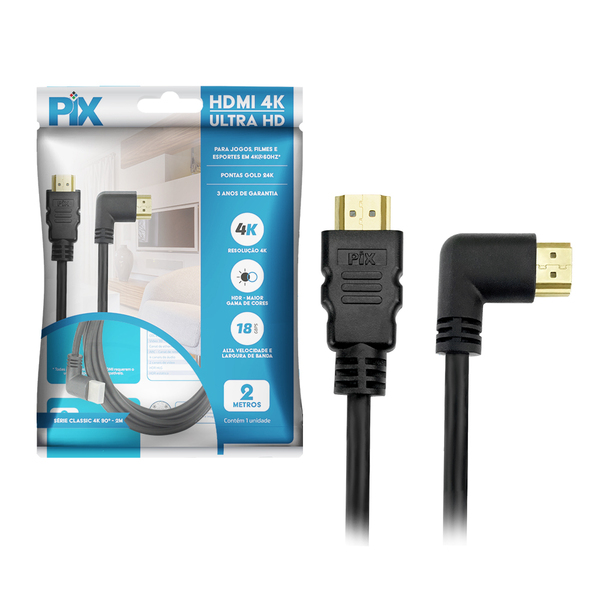 Cabo Hdmi L 2m 90 Graus Blindado 2.0 Ethernet 2 Metros 4k 3d