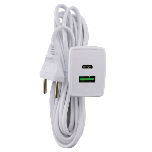 Cabo Prolongador com Tomada USB A + C 3M Branco Force Line