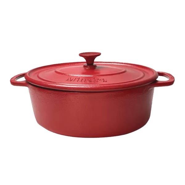 Caçarola Em Ferro Oval Estilo Alça Tampa Vermelha 21x17cm 2l