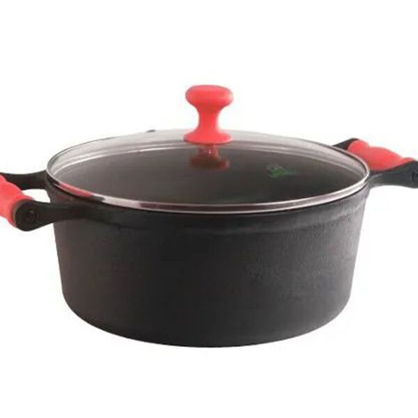 Caçarola Ferro Alça Silicone Vermelho Tampa Vidro 28cm